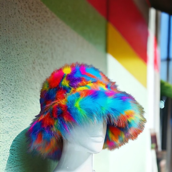 Rainbow Marble Swirl Faux Fur Costume Y2K Rave Fuzzy Furry Bucket Hat - Picture 14 of 16